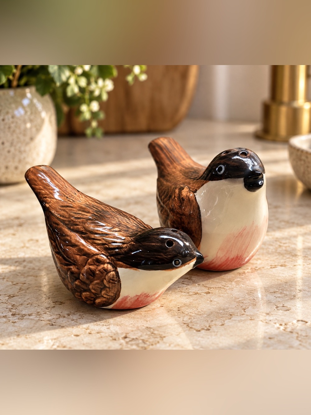 Hand-Painted Brown and Cream Sparrow Ceramic Salt & Pepper Set